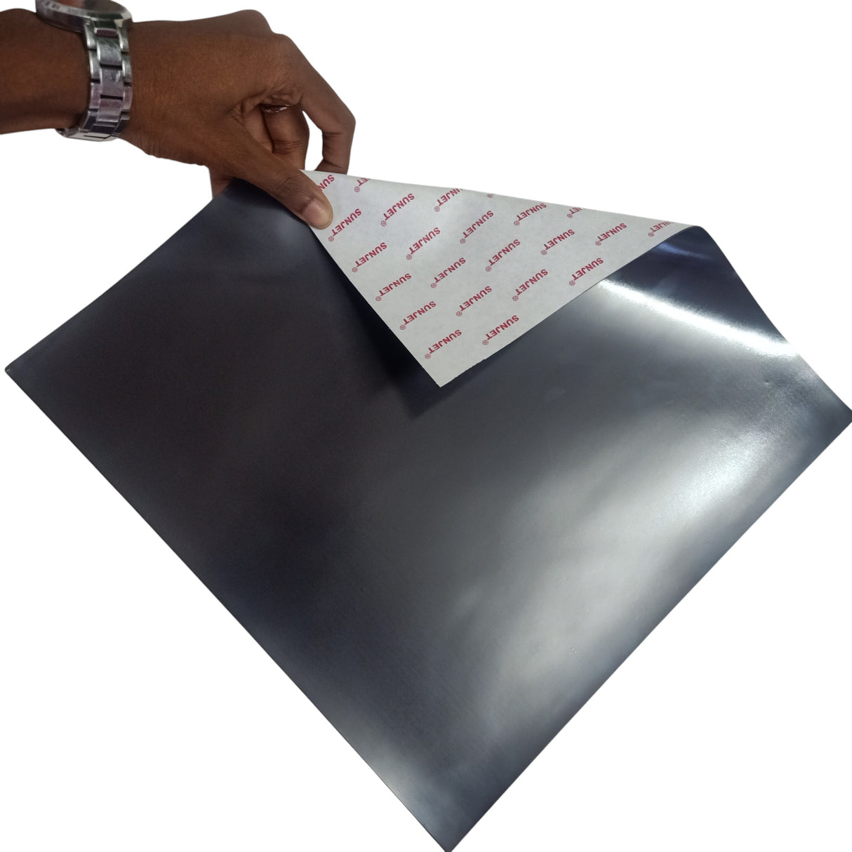 Side angle view of 1mm Adhesive Flexible Magnetic Sheet for industrial grade labeling solutions.