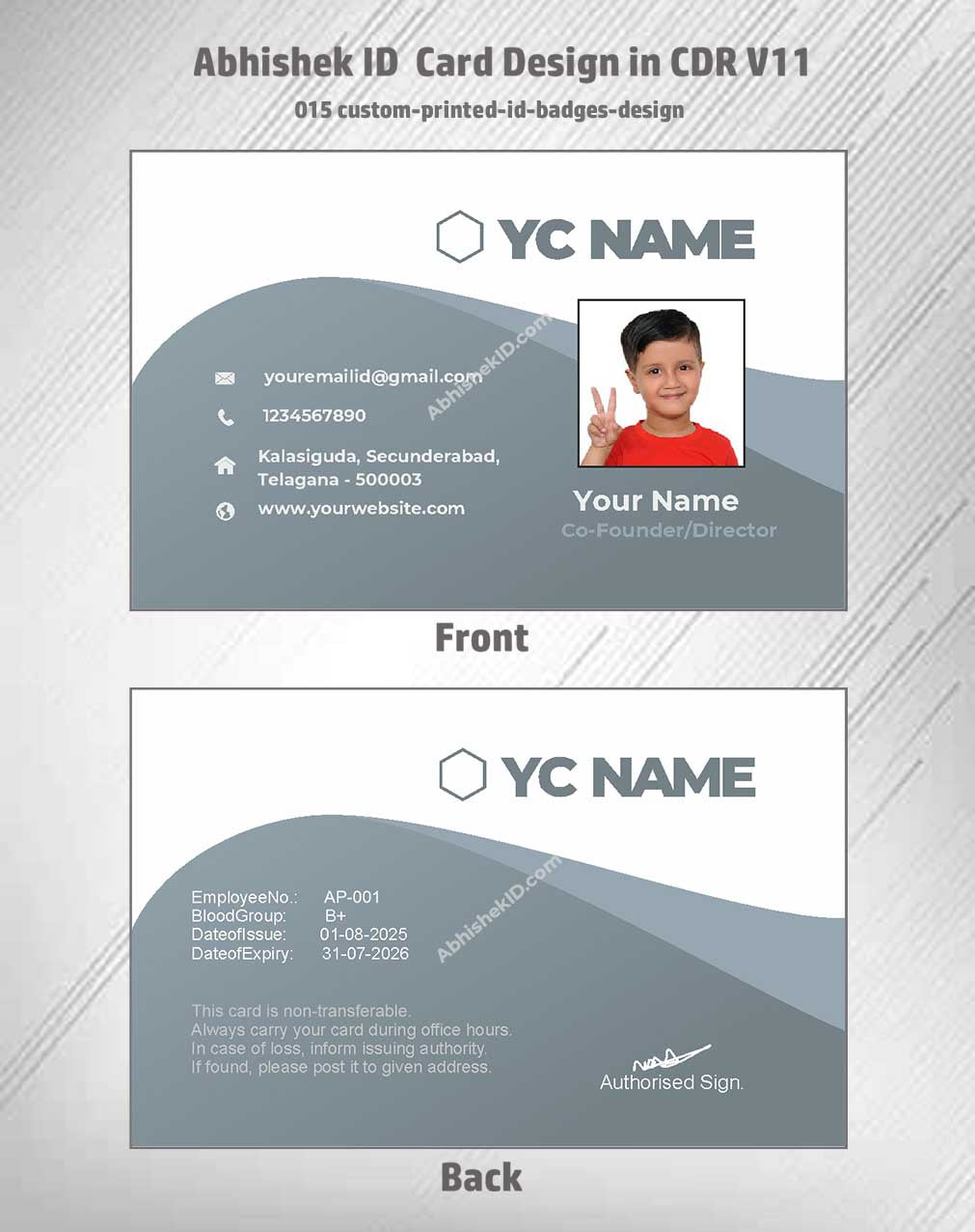 Custom printed format of CorelDraw 11 ID Card Design Templates for corporate ID distribution.