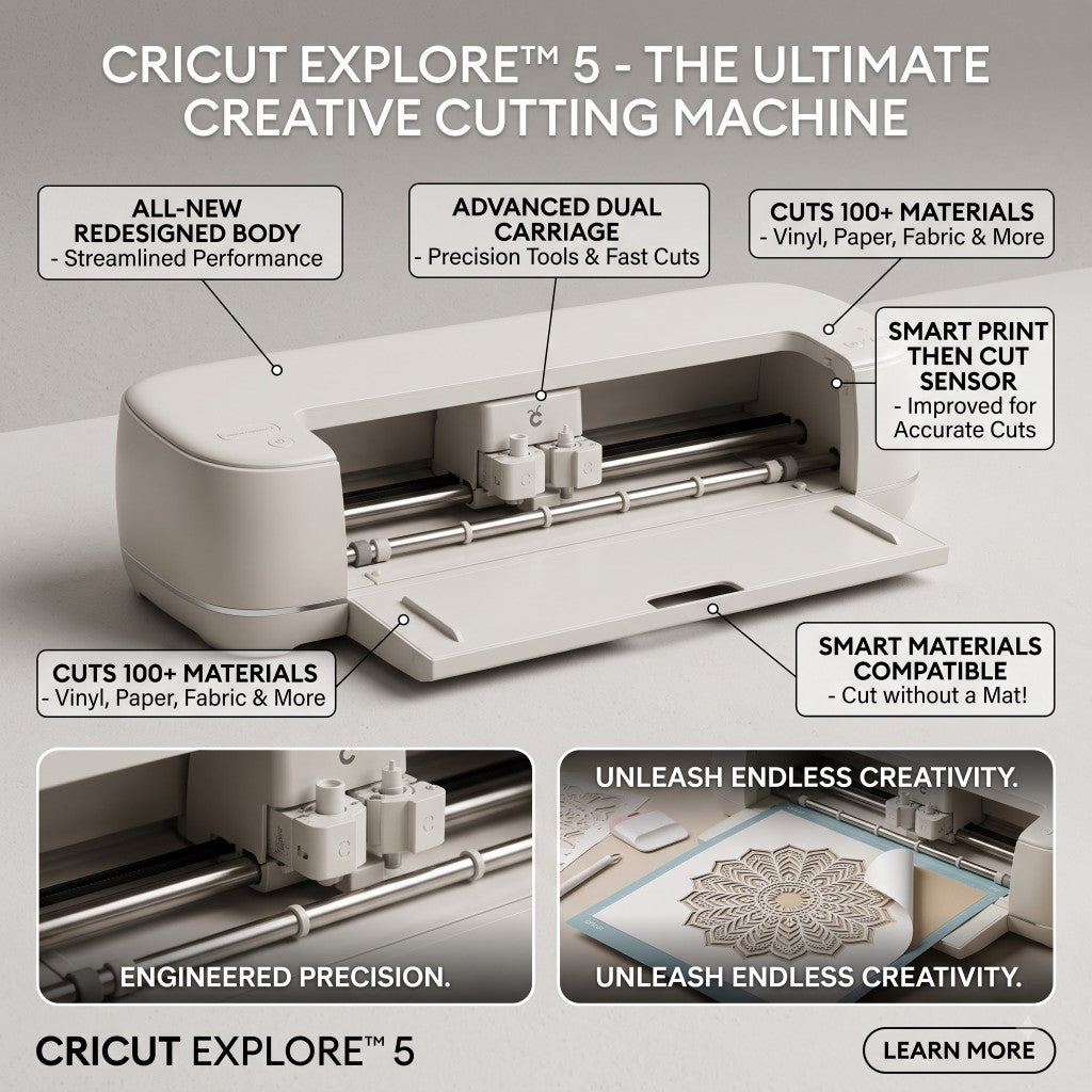 Cricut Explore 5 smart cutting machine, white, cutting intricate mandala design from paper.
