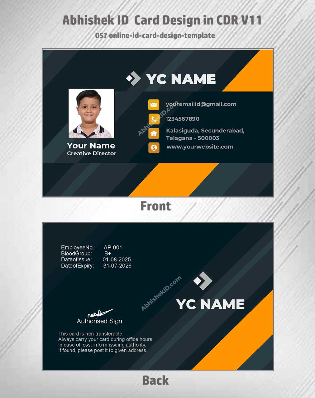 Online template design of CorelDraw 11 ID Card Design Templates for virtual office IDs.