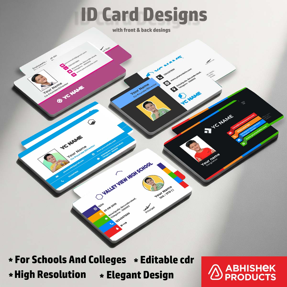 Sample display of CorelDraw 11 ID Card Design Templates for enterprise company access cards.