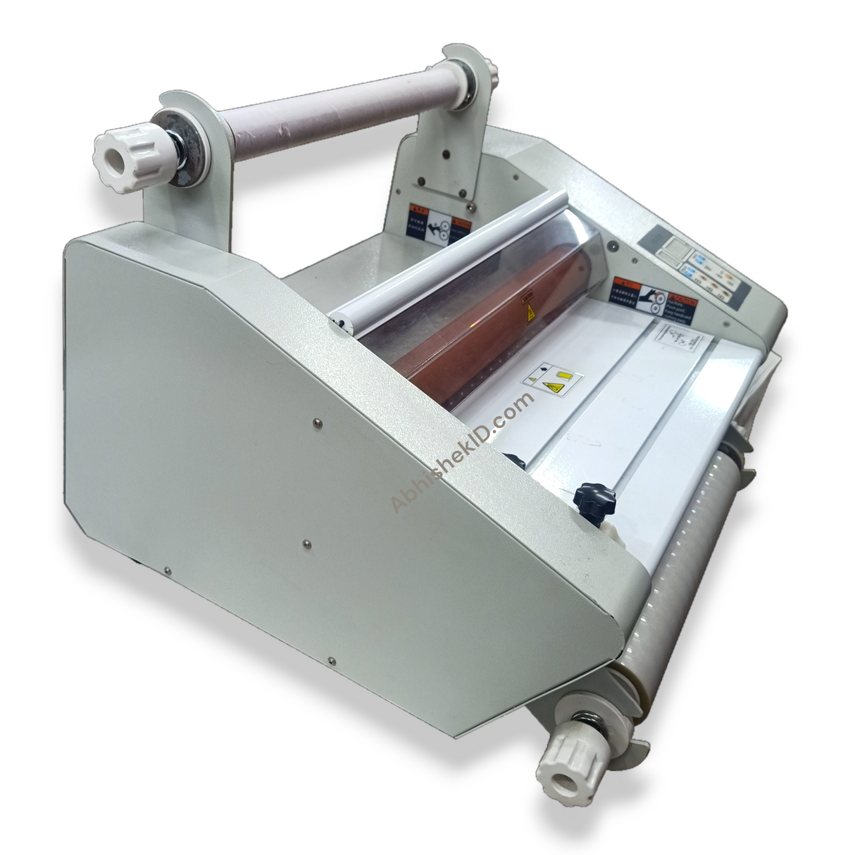 Close-up roller mechanism on 13 Inch Roll Thermal Lamination Machine for industrial grade packaging sealing.