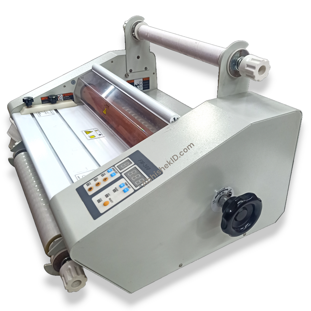 Angled back view of 13 Inch Roll Thermal Lamination Machine processing commercial ID card printing.