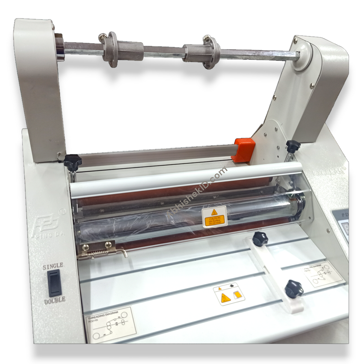 Close-up of feeding mechanism on 13 Inch Thermal Lamination Machine for business signage use.
