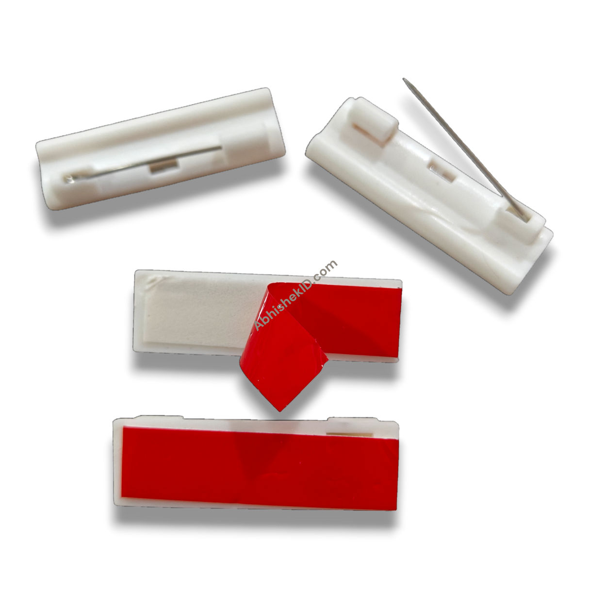 40x13mm self-adhesive badge pin back with locking safety pin for office ID card assembly.