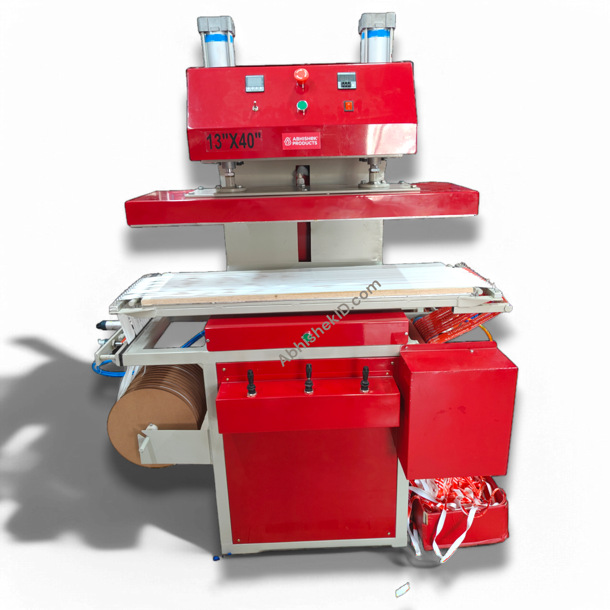 Close-up view of 13x40 Air Press Heat Machine for high-volume event badge manufacturing.