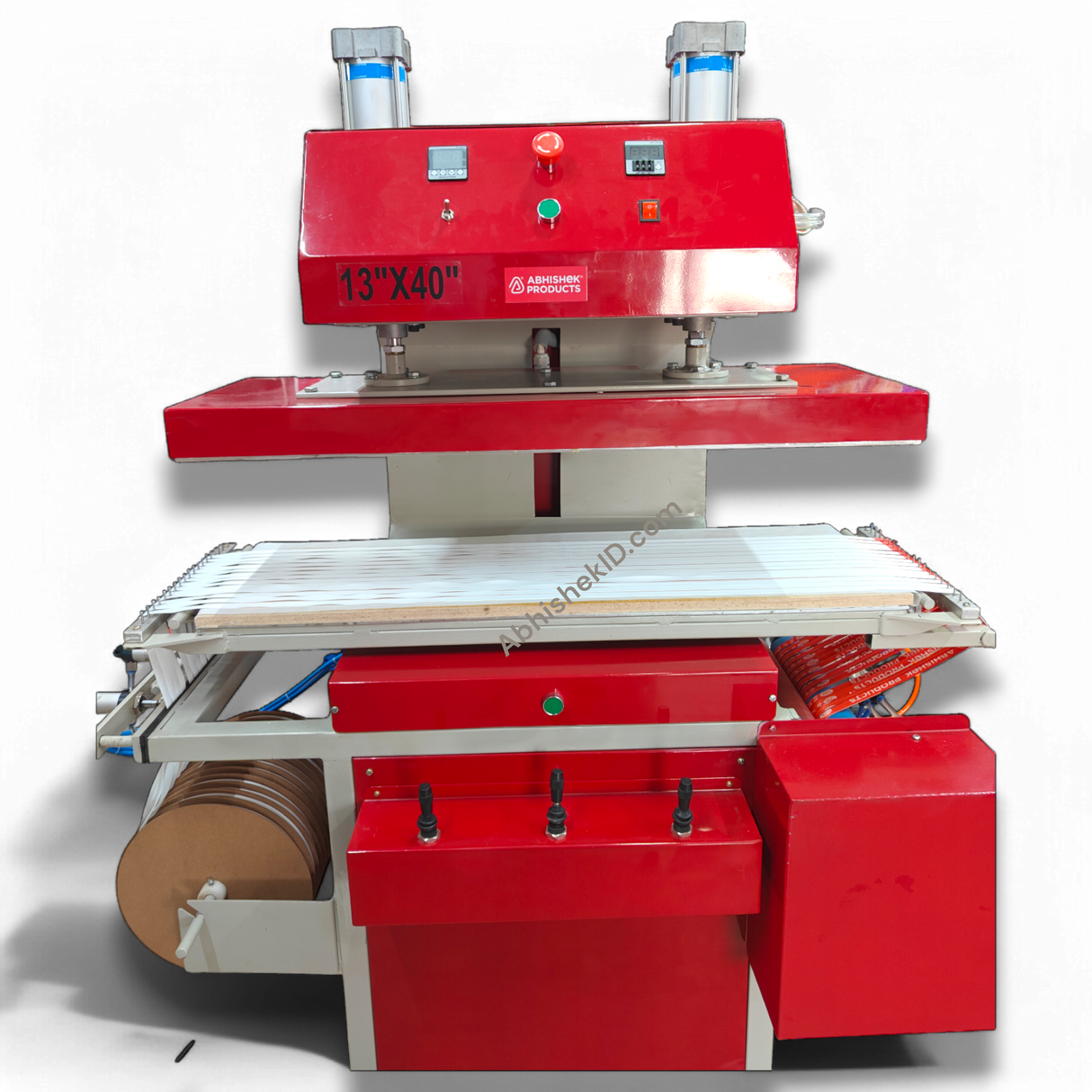 Side layout view of Semi-Automatic Heat Press Machine for bulk promotional material printing.