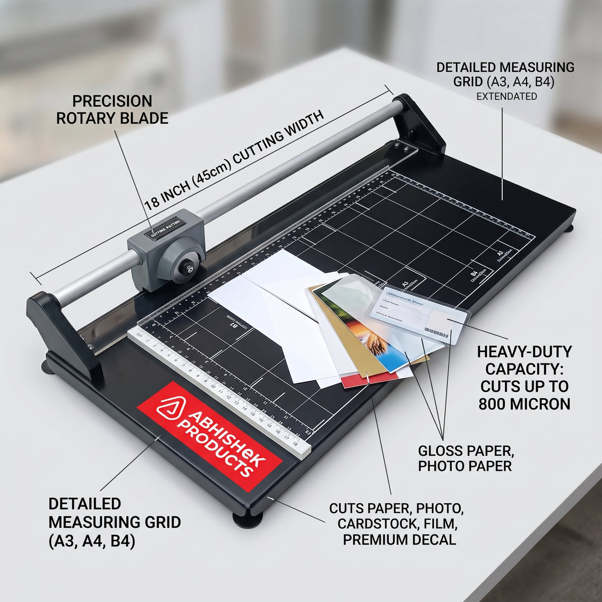 18" Rotary Paper Trimmer/Cutter, heavy-duty black metal and plastic, cutting paper, photo, cardstock, film.