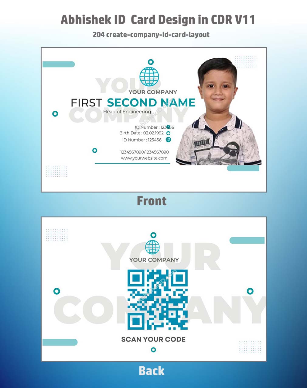 Company ID card layout utilizing CorelDraw 11 Editable Designs for commercial staff printing.