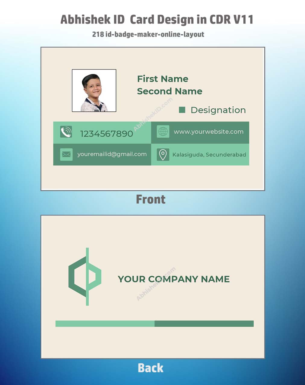 Flat digital layout of ID badge using CorelDraw 11 Editable Designs for commercial printing.