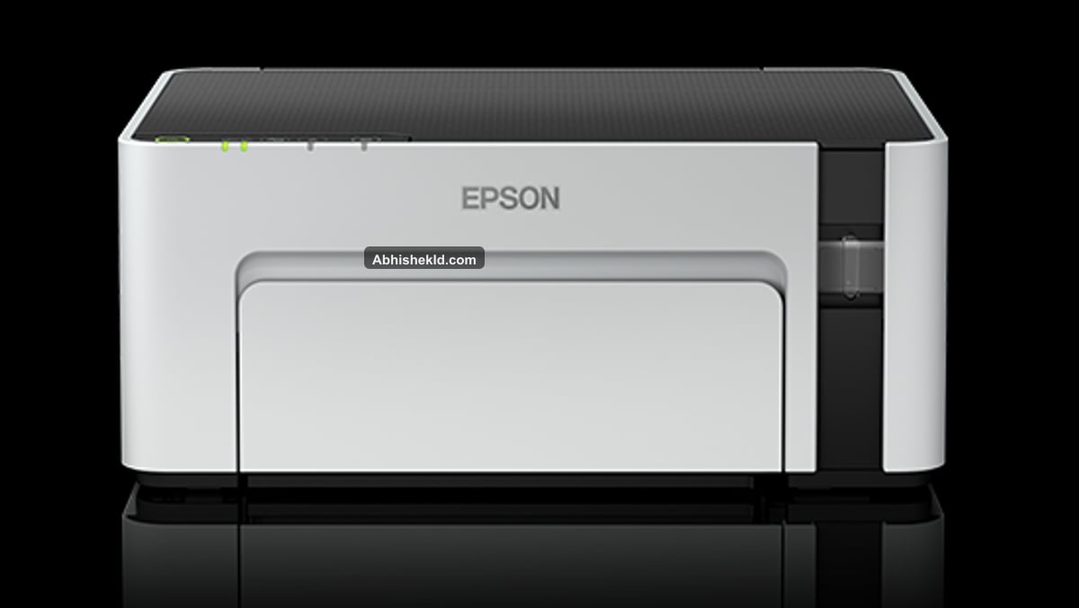 Detailed close-up of integrated front-facing ink tank system showing 005 black ink level indicator on Epson M1120