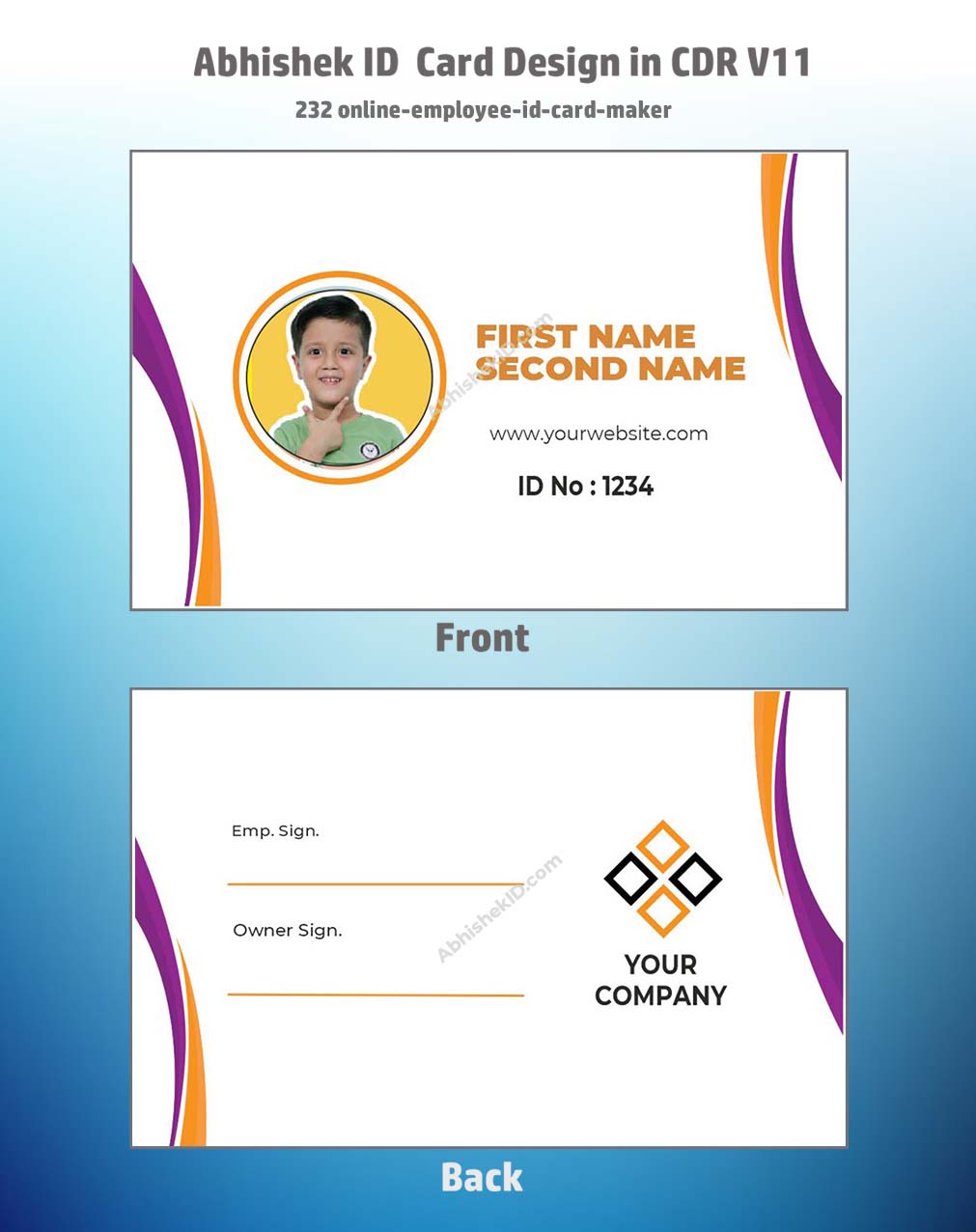 Online employee ID maker sample using CorelDraw 11 Editable Designs for corporate security.