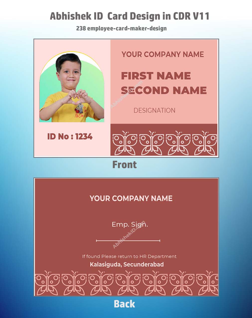 Employee card design layout utilizing CorelDraw 11 Editable Designs for commercial ID printing.