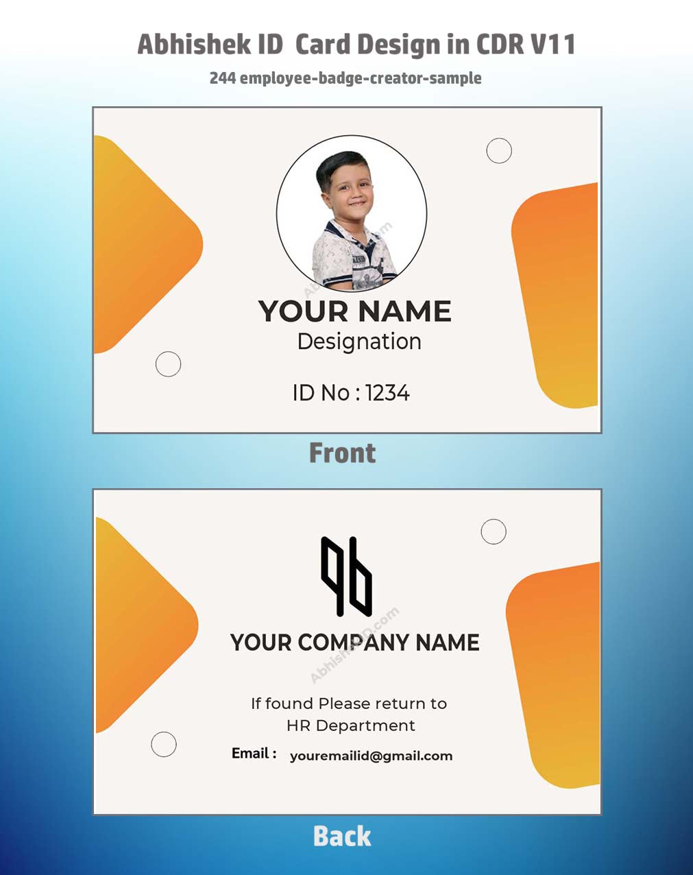 Employee badge creator template utilizing CorelDraw 11 Editable Designs for commercial printing.