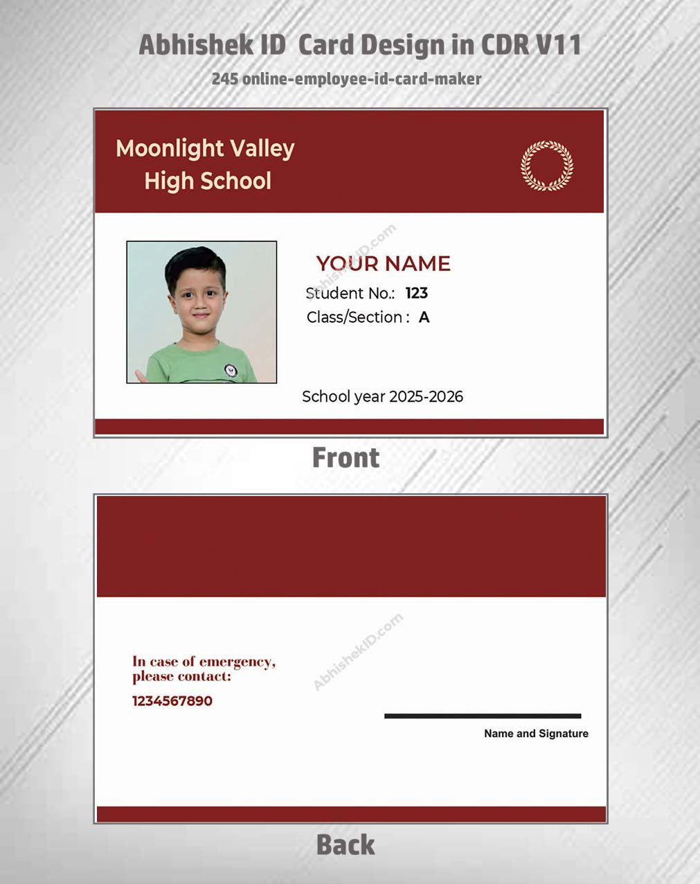 Online employee ID card layout using CorelDraw 11 Business Card Templates for corporate identity.