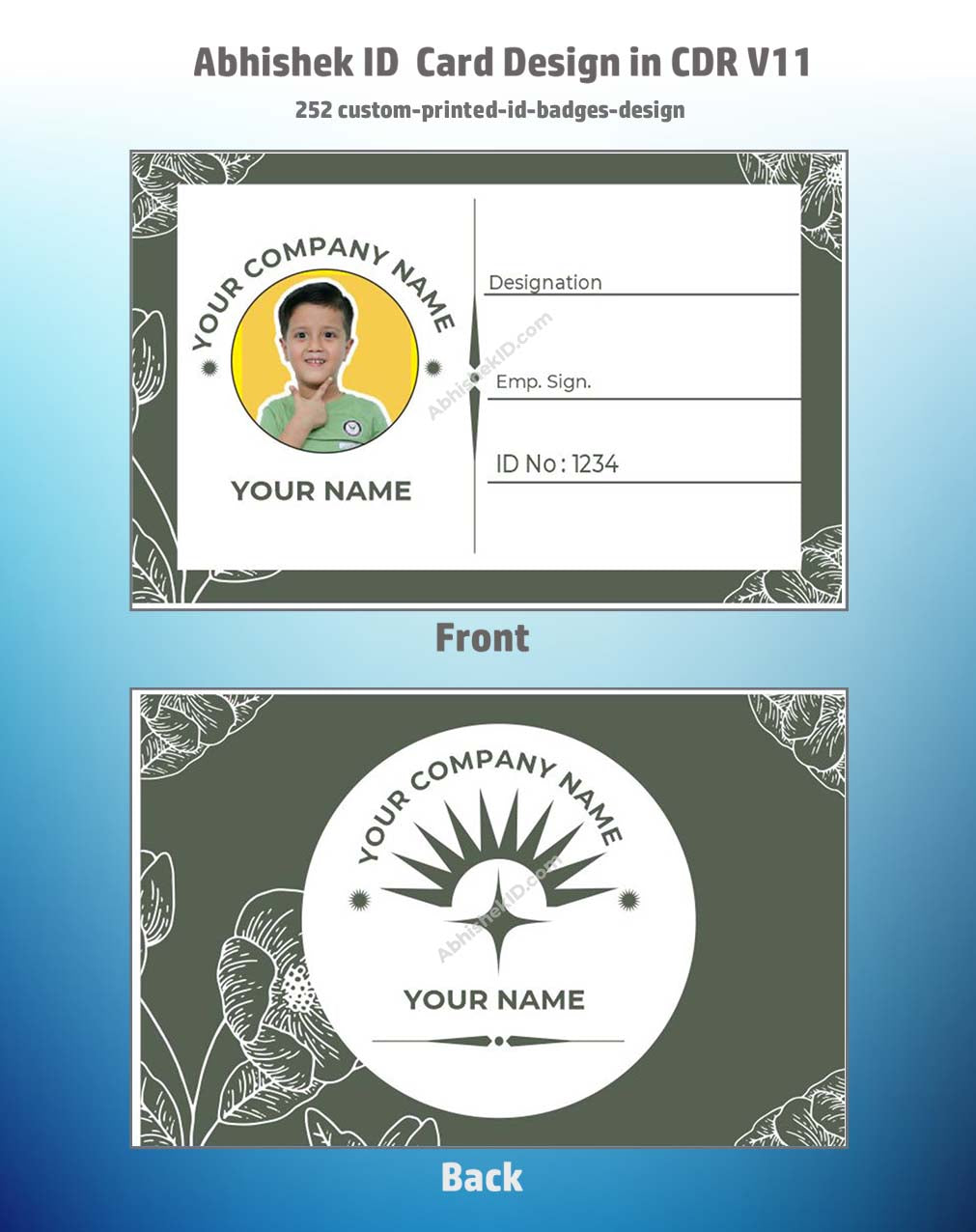 Custom printed ID badges layout using CorelDraw 11 ID Badge Templates for office security credentials.