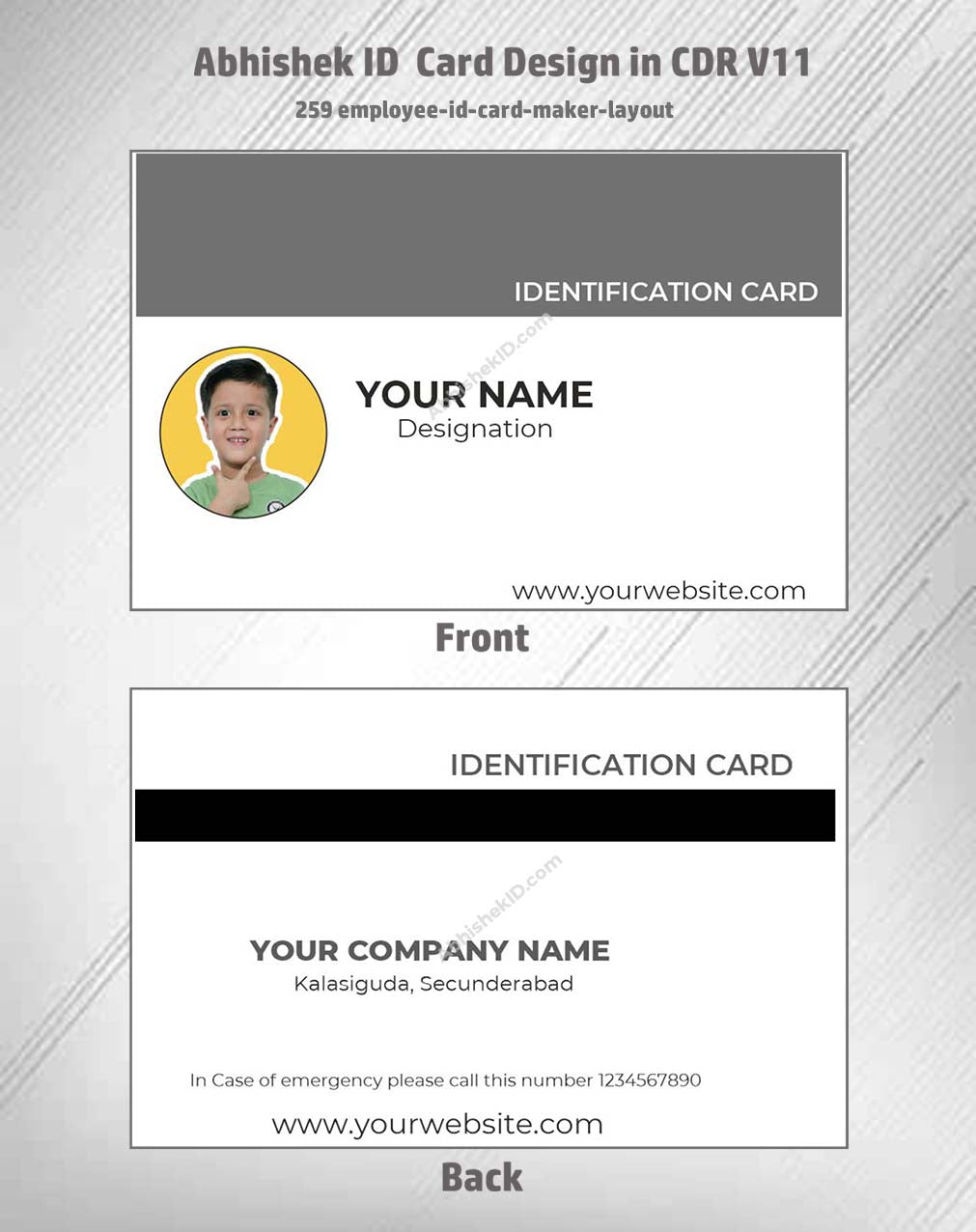 Employee ID card layout utilizing CorelDraw 11 Editable Designs for corporate identity credentials.