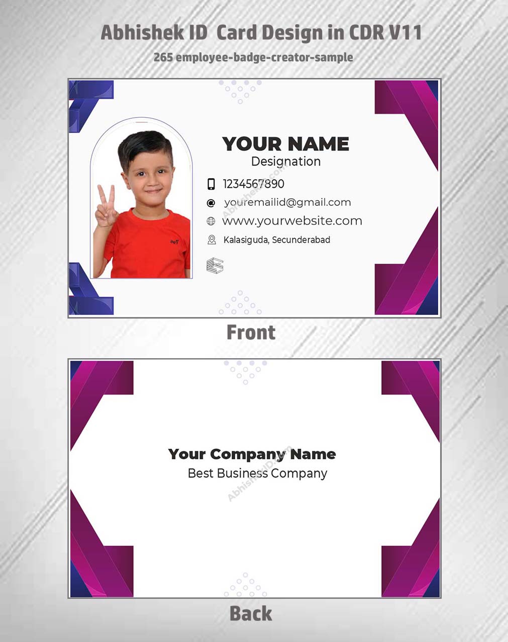 Employee badge layout sample utilizing CorelDraw 11 Editable Designs for office use.