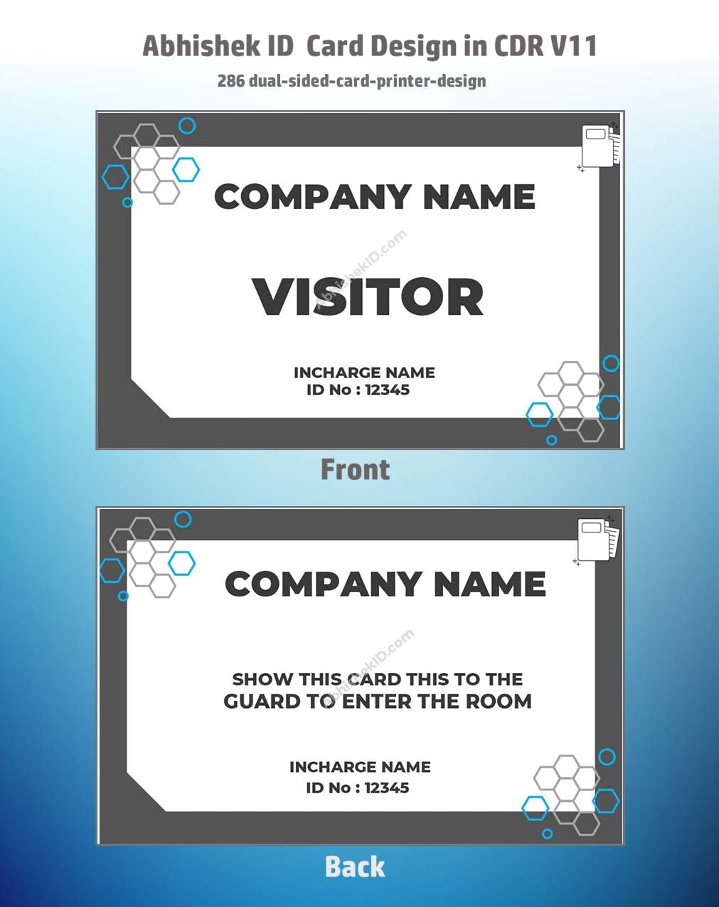 Dual-sided card printer layout utilizing CorelDraw 11 Editable Designs for commercial printing.
