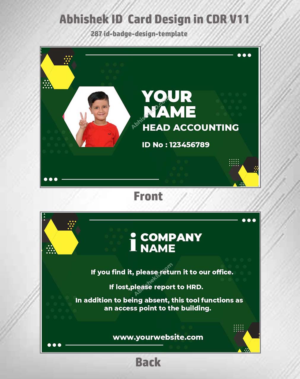 ID badge template layout using CorelDraw 11 Business Card Templates for office security credentials.