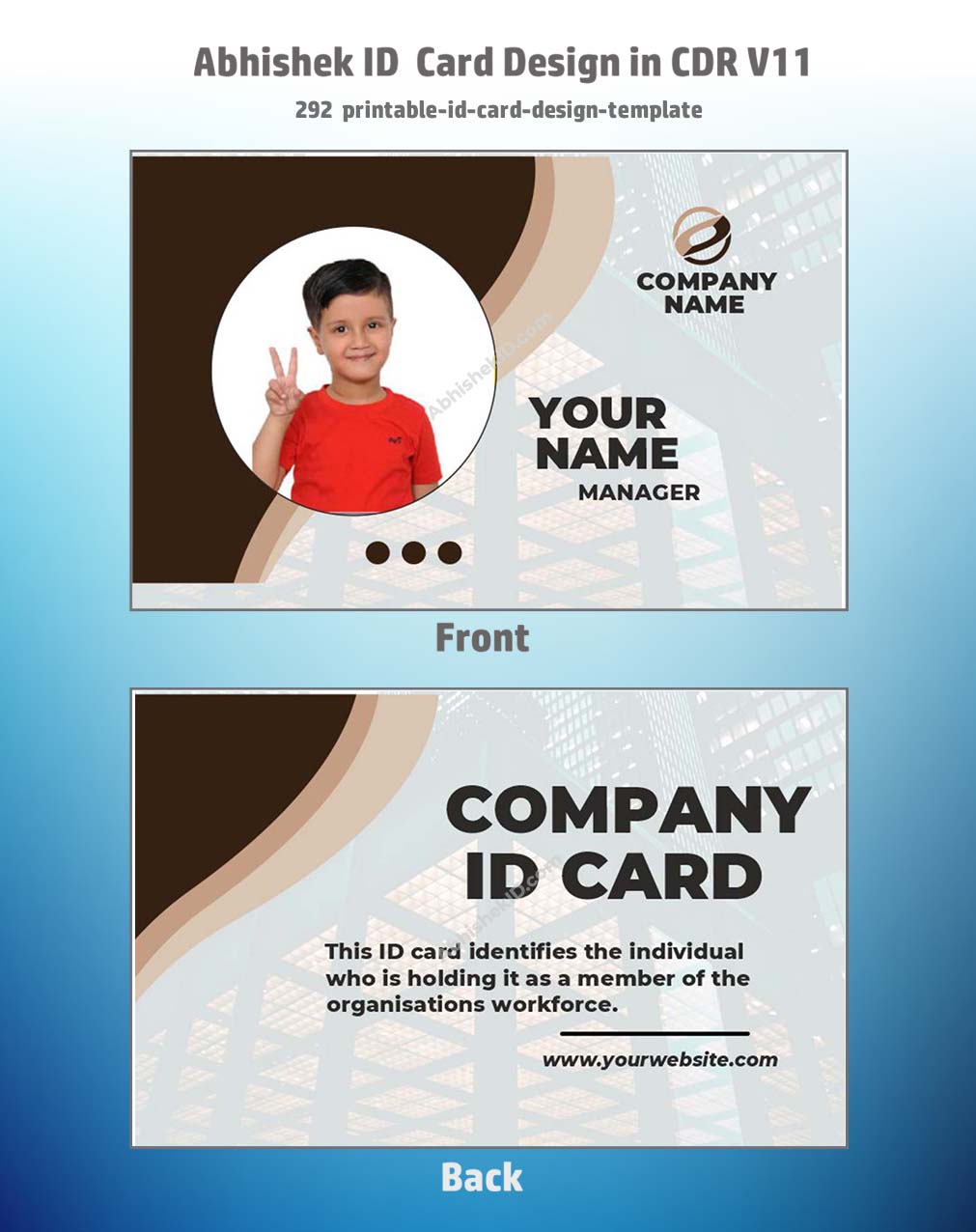 Printable ID card template utilizing CorelDraw 11 Editable Designs for employee identification credentials.