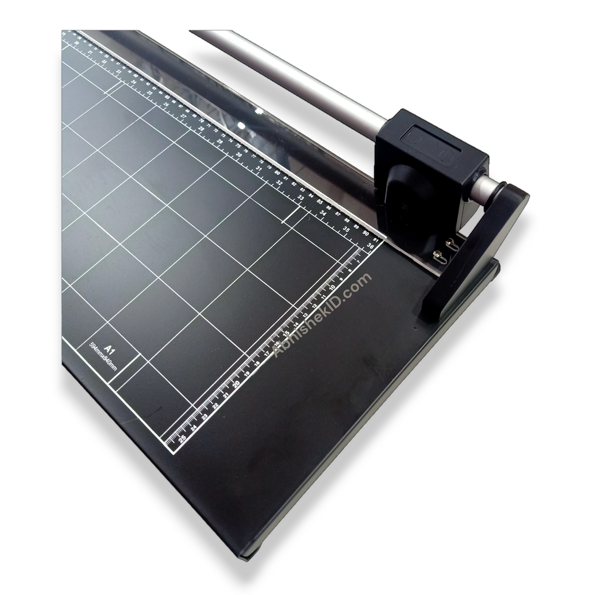 Close-up view of 36 inch Rotary Paper Cutter blade mechanism for thick 800 mic document sizing.