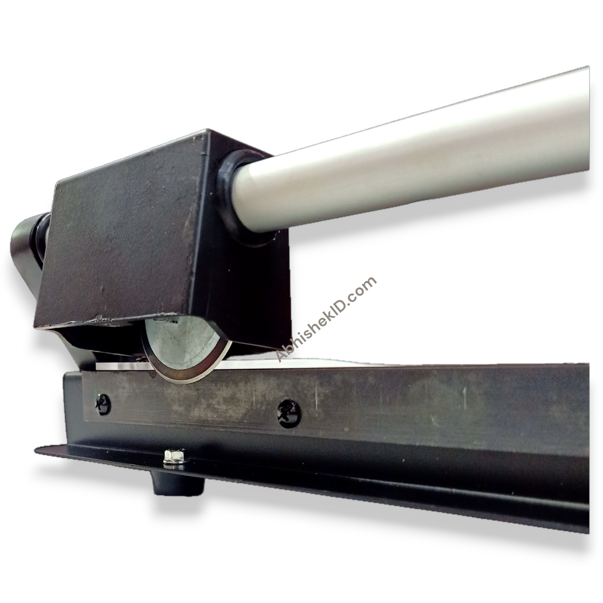 Detailed blade housing of Heavy Duty Paper Cutter showing slide rail for commercial grade paper trimming.