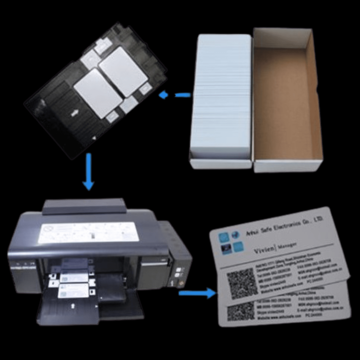 Epson tray software with Photoshop and CorelDraw templates for office employee identity badge production.