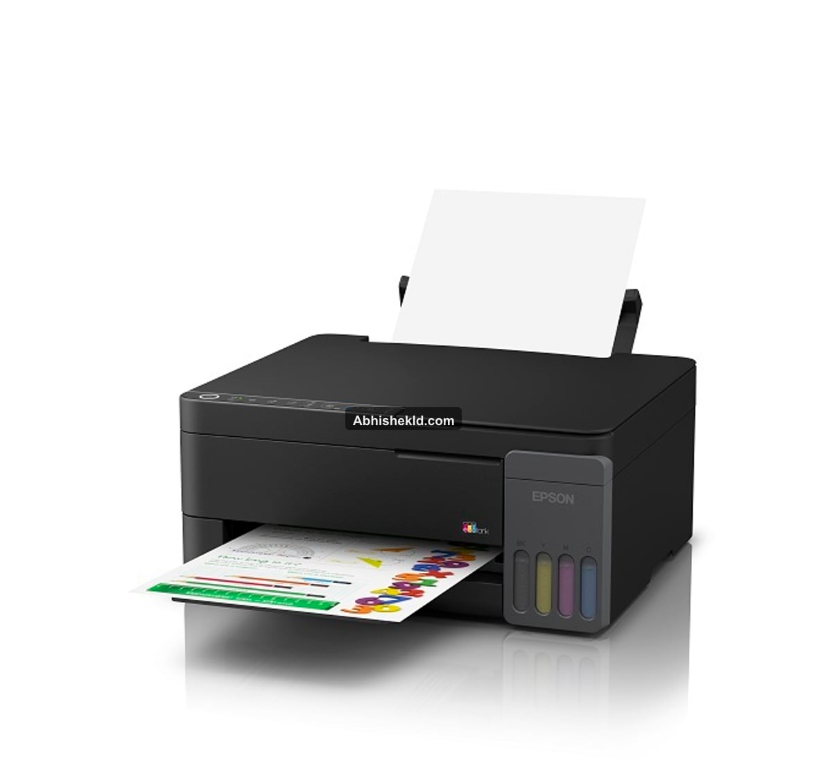 Epson L3350 compact integrated EcoTank design showing spill-free front-facing ink reservoirs