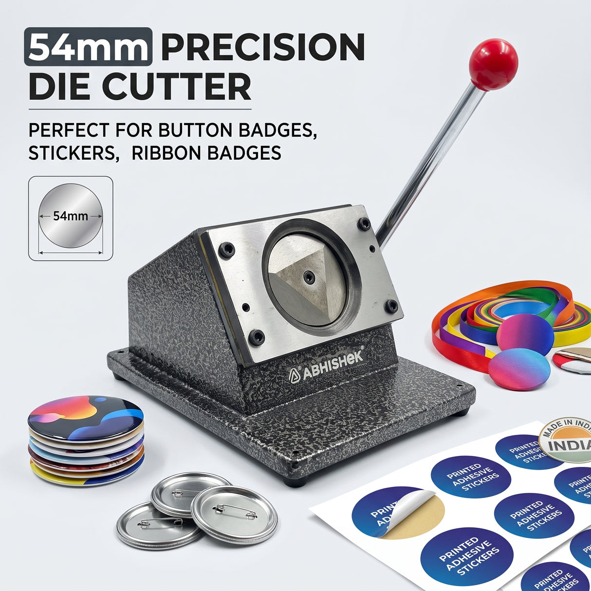 54mm round heavy duty badge cutter front view with metal body and lever handle
