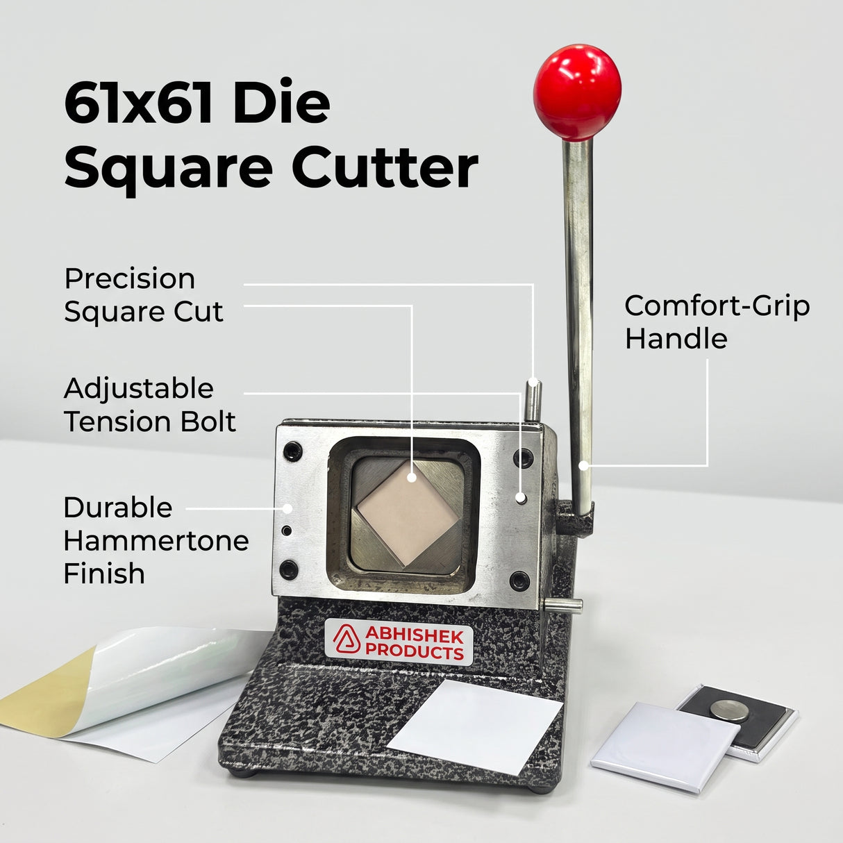 61mm Imported Square Die Cutter, heavy-duty metal with red handle, for fridge magnets & badges.