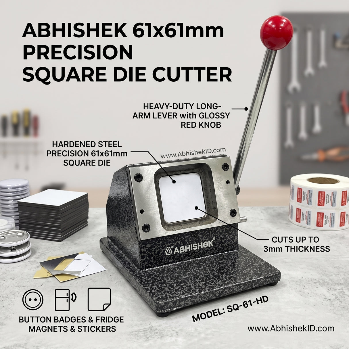 61mm Imported Square Die Cutter, heavy-duty steel with red knob, for fridge magnets, badges, and stickers.