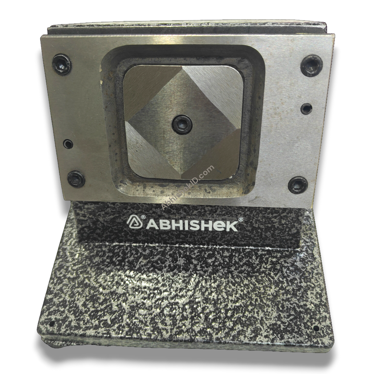 61mm Imported Square Die Cutter, heavy-duty metal, silver and black, for fridge magnets and badges.
