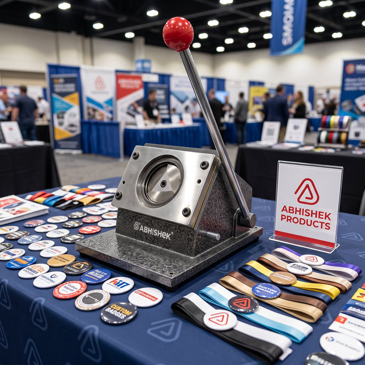 70mm round badge cutter angled view with lever arm and base assembly