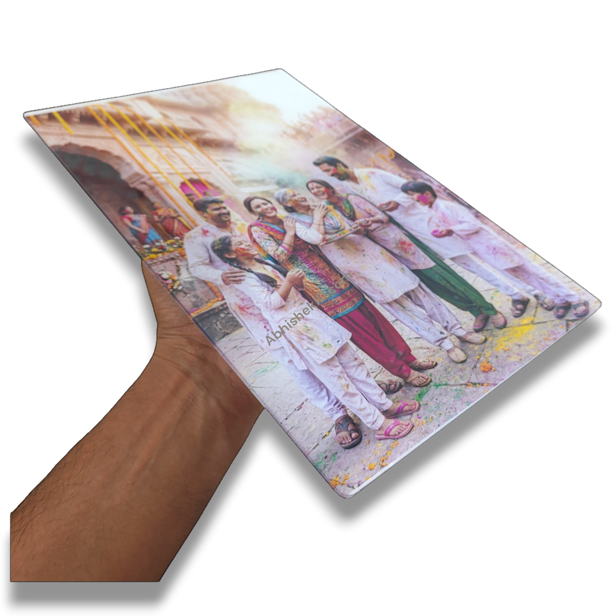 A4 clear acrylic stand with sparkle gumming, wall mount holes. Laminated print showing happy family. Portrait orientation.