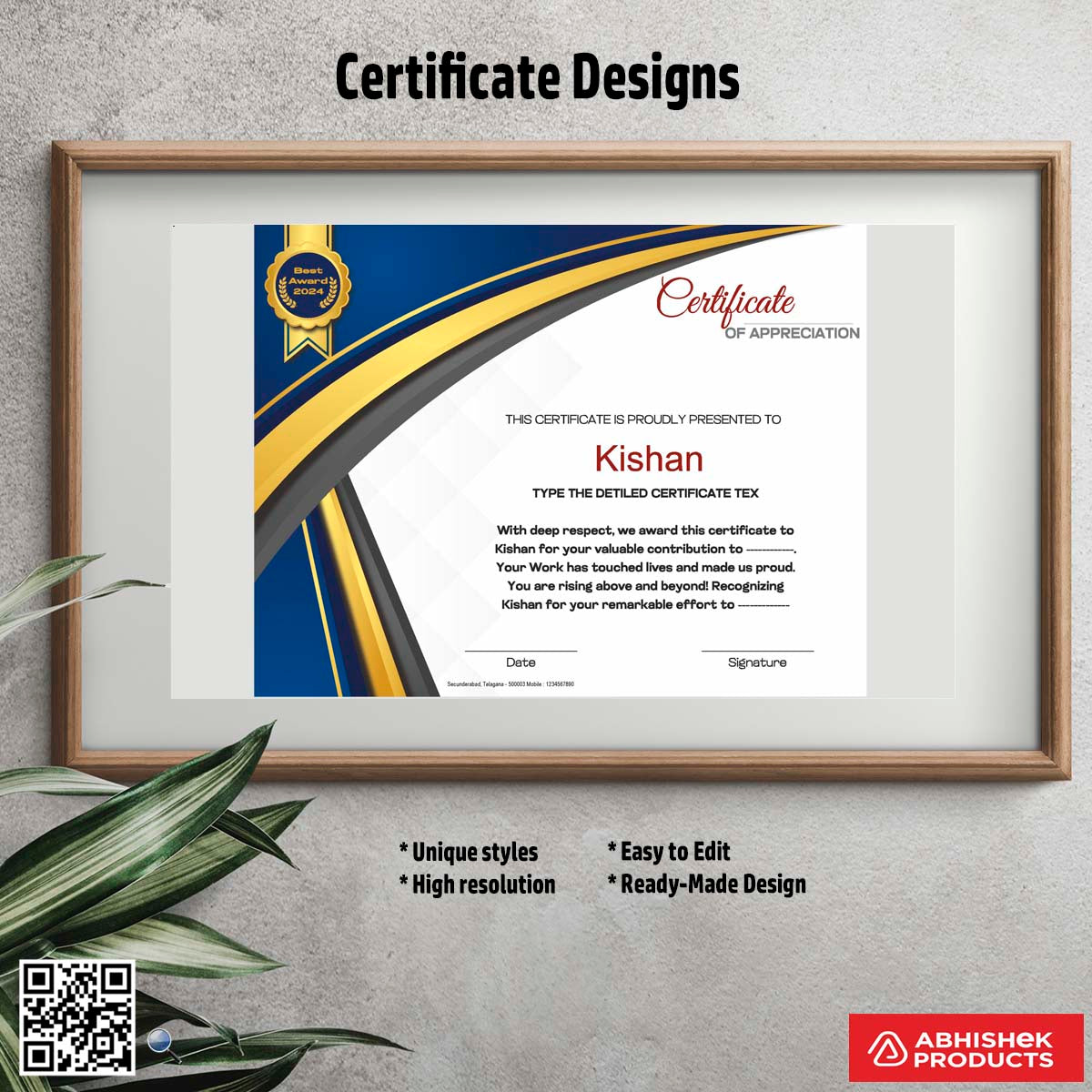 Certificate with a formal frame design For Appreciation