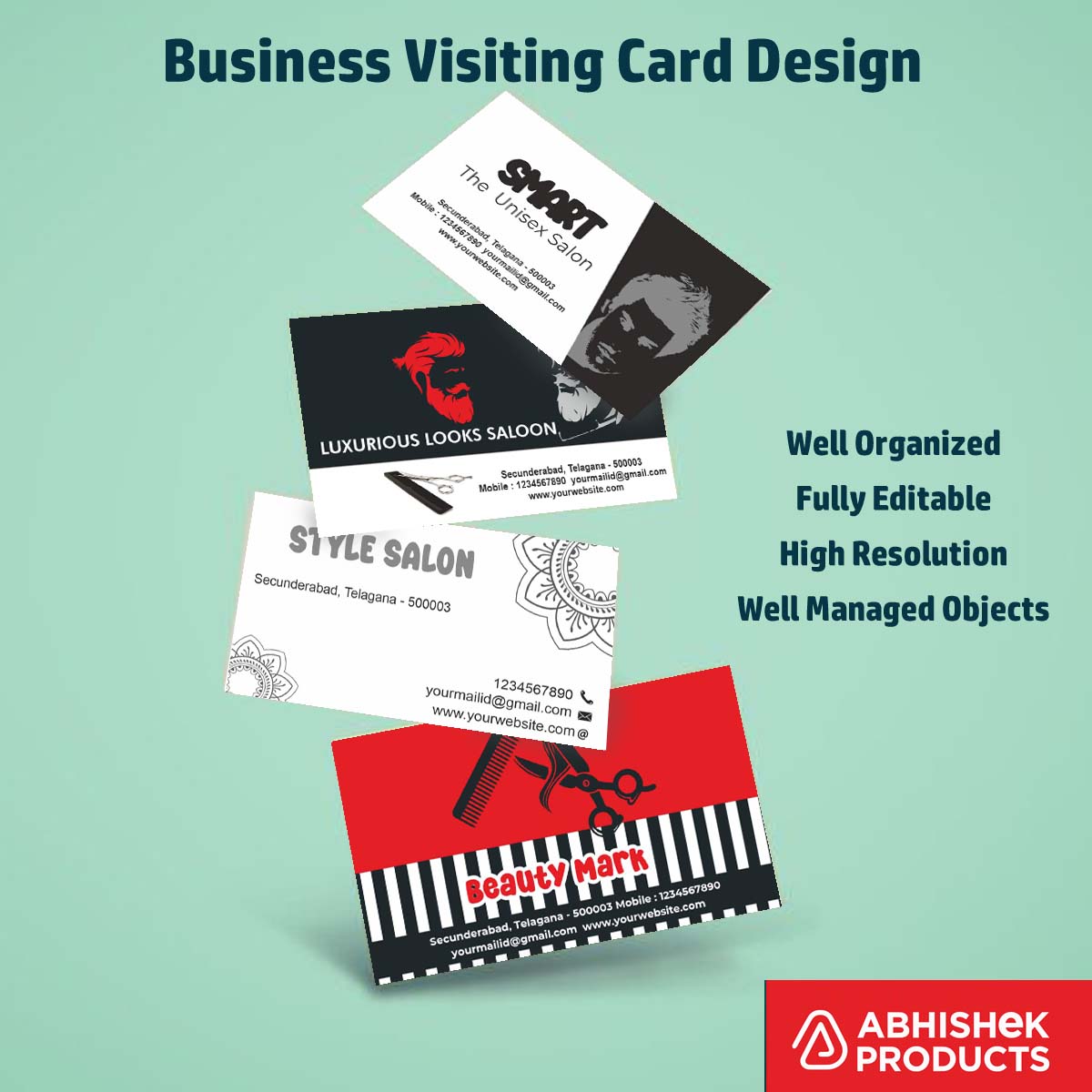 100 CDR v11 Visiting Card Templates for hair salon branding and commercial advertising outreach.