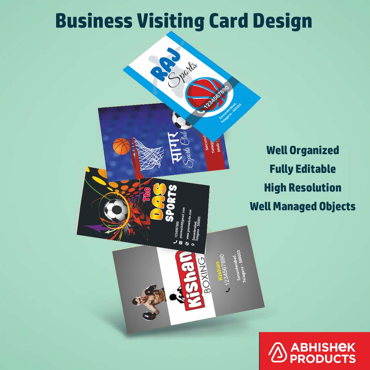 100 CDR v11 Visiting Card Templates for sports equipment retail and wholesale networking solutions.