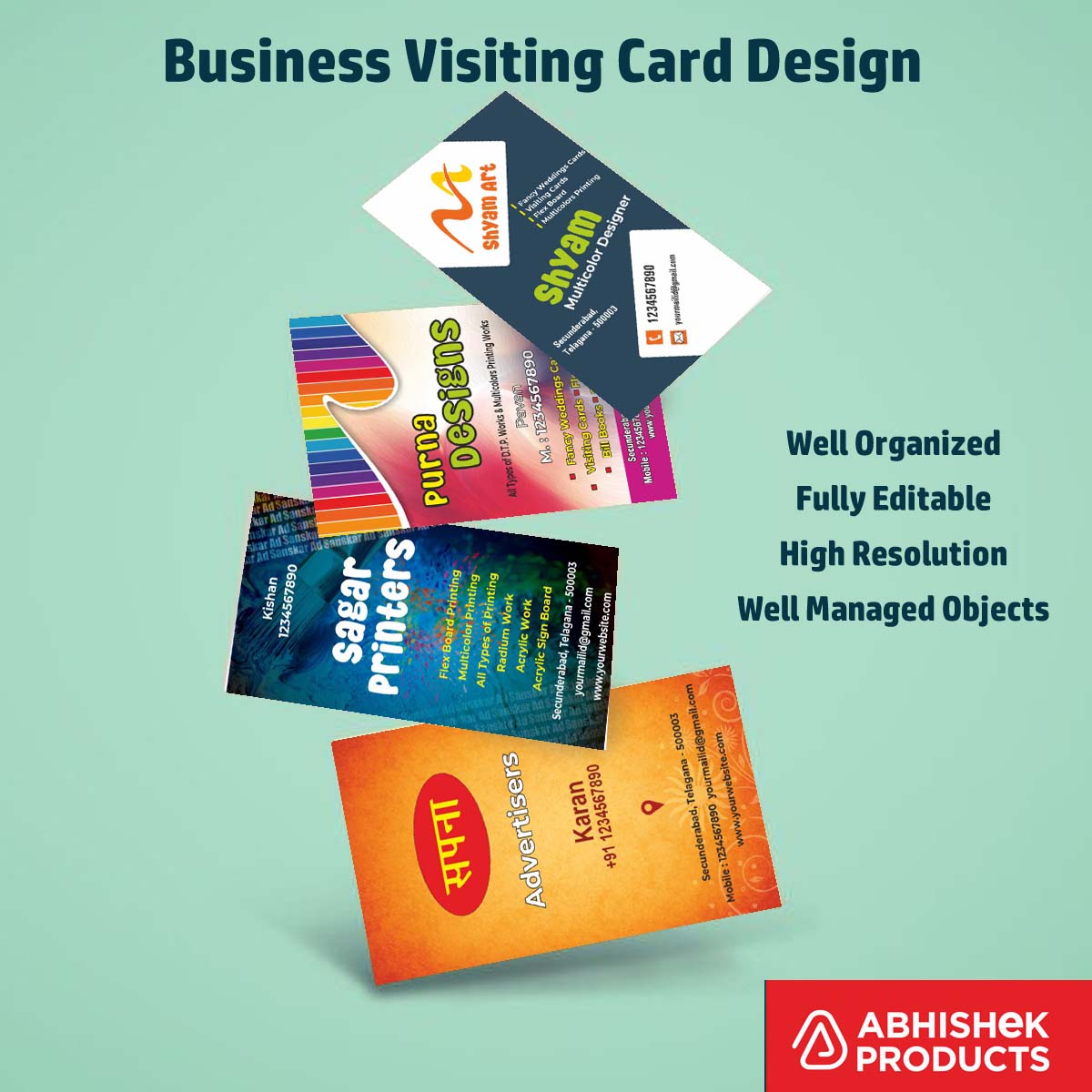 100 CDR v11 Visiting Card Templates for professional advertisers and corporate identity branding production.