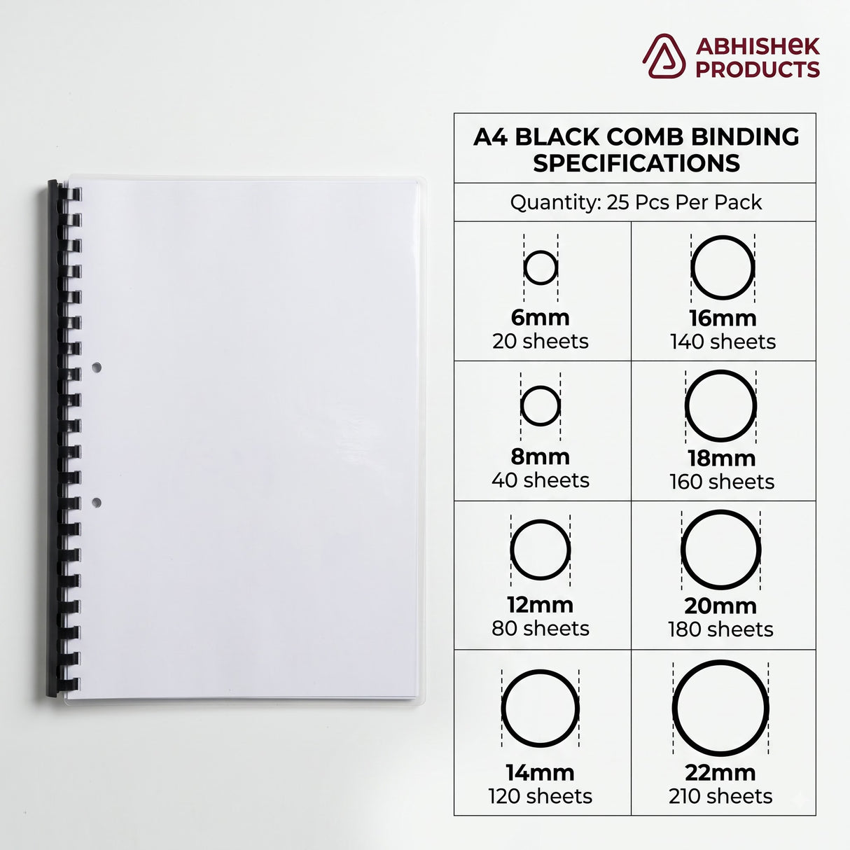 A4 Plastic Comb Binding Rings (Spico) in black, shown binding a document, with size specifications.