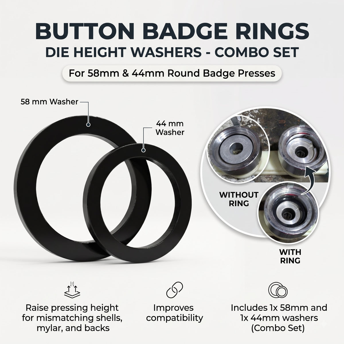 Button Badge Rings 58mm 44mm die height washer spacer, black metal, for badge press dies, improves compatibility.