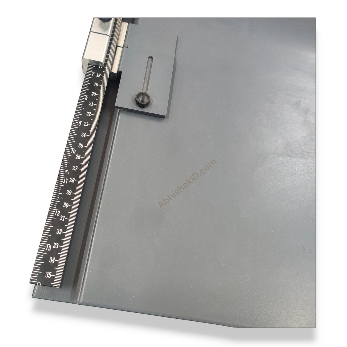 Rear view detailing the handle mechanism of 2-in-1 Manual Paper Creasing Perforation Machine for heavy-duty publishing.