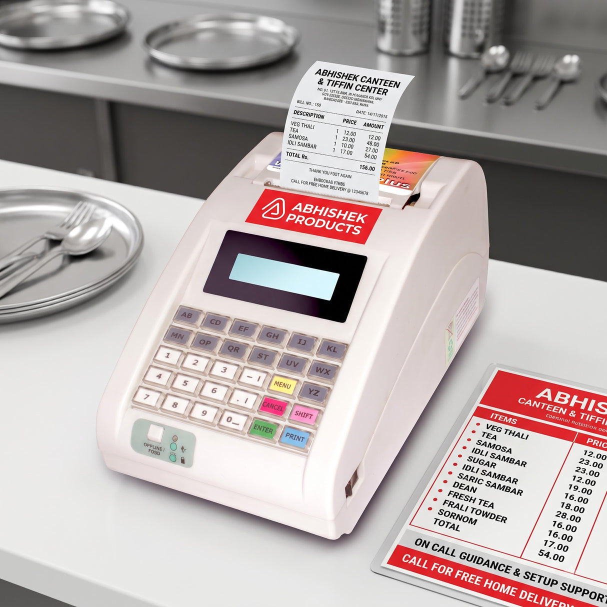 WeP BP-Joy Plus Billing Machine with Battery, white plastic, 2-inch thermal printer, generating a receipt in a canteen setti…