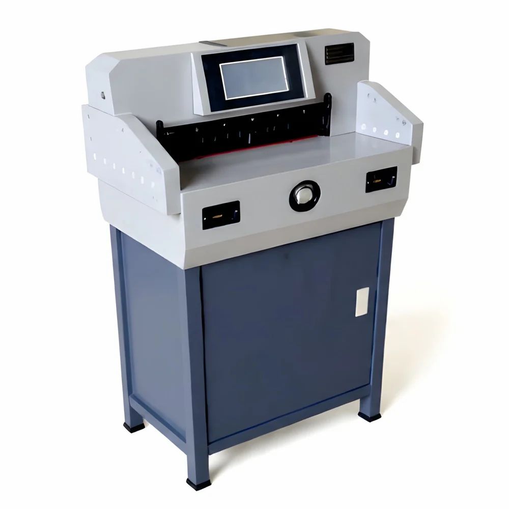E490T Electric Paper Cutter 19 Inch with touchscreen for automated commercial batch sizing operations.