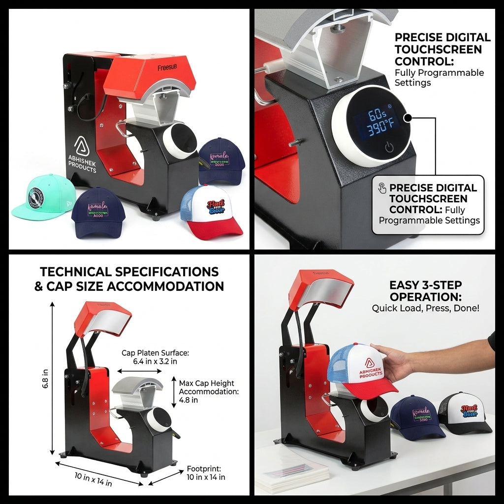 F136 Fully Automatic Cap Heat Press Machine, red and black metal, printing custom designs on caps