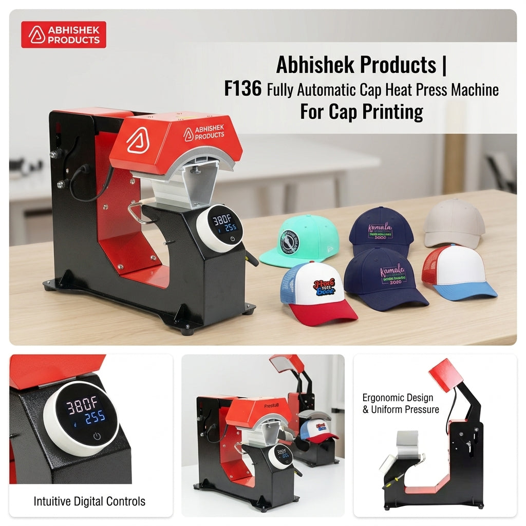 F136 Fully Automatic Cap Heat Press Machine, black and red metal, with digital controls, printing caps.
