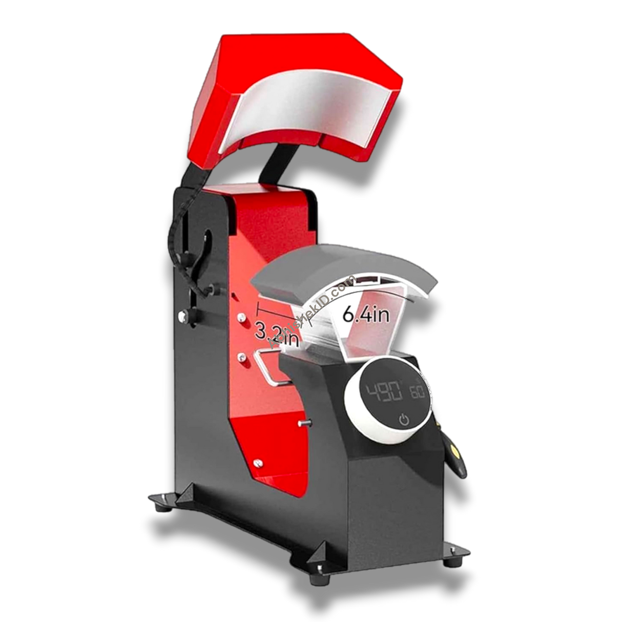 F136 Fully Automatic Cap Heat Press Machine, red and black metal, for hat printing with digital display.