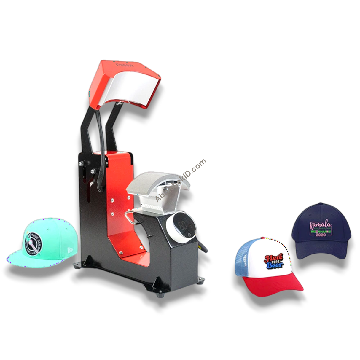 F136 Fully Automatic Cap Heat Press Machine, red and black metal, for custom hat printing