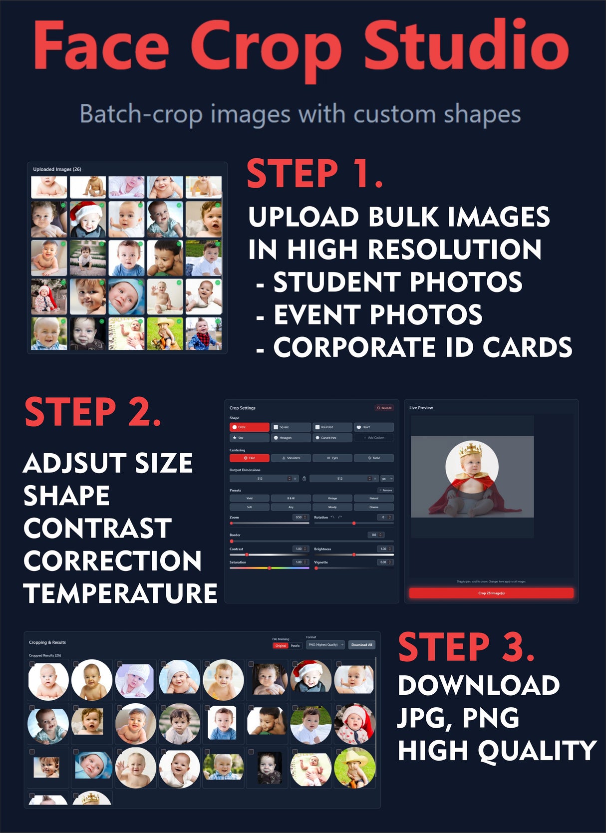 Face Crop Studio Batch Photo Cropper for automated ID card printing and business portrait processing.