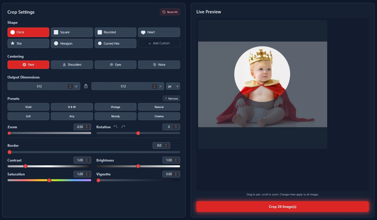 Face Crop Studio Batch Photo Cropper automated bulk export features for high volume institutional printing.